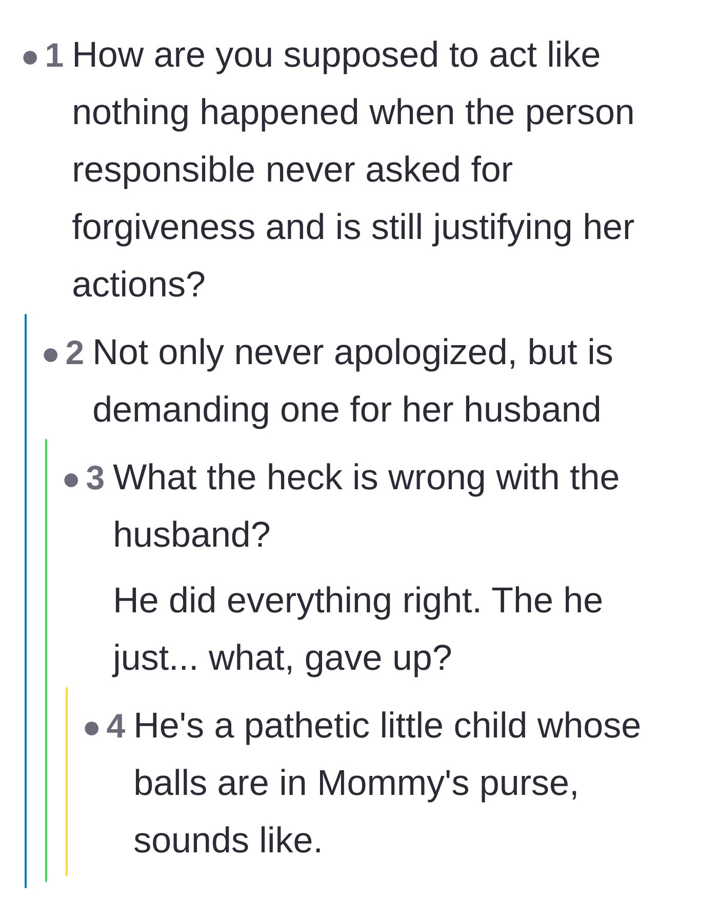 Comment thread 4 - Outrage over the sister-in-law demanding an apology and insults directed at the husband's lack of spine.