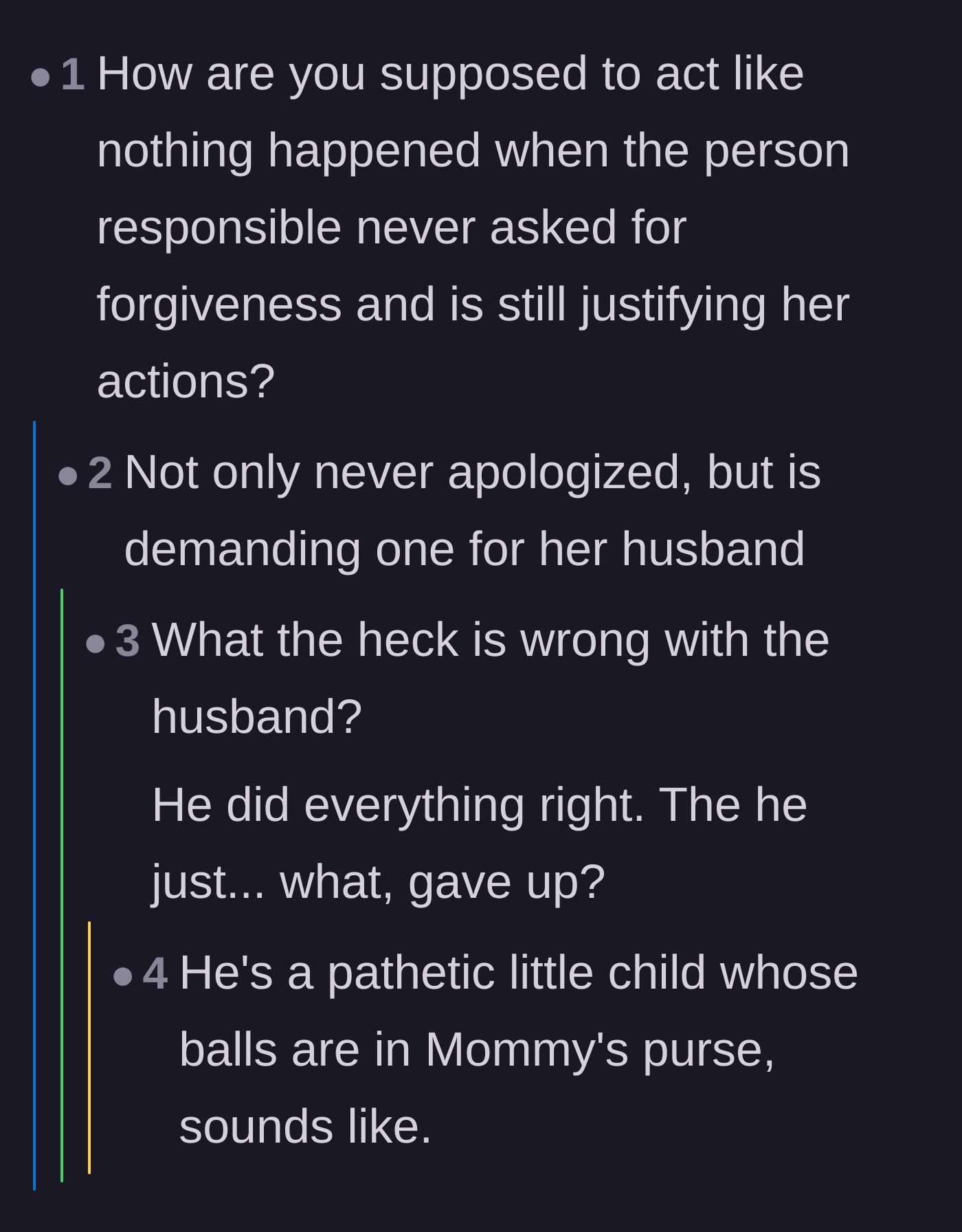 Comment thread 4 - Outrage over the sister-in-law demanding an apology and insults directed at the husband's lack of spine.