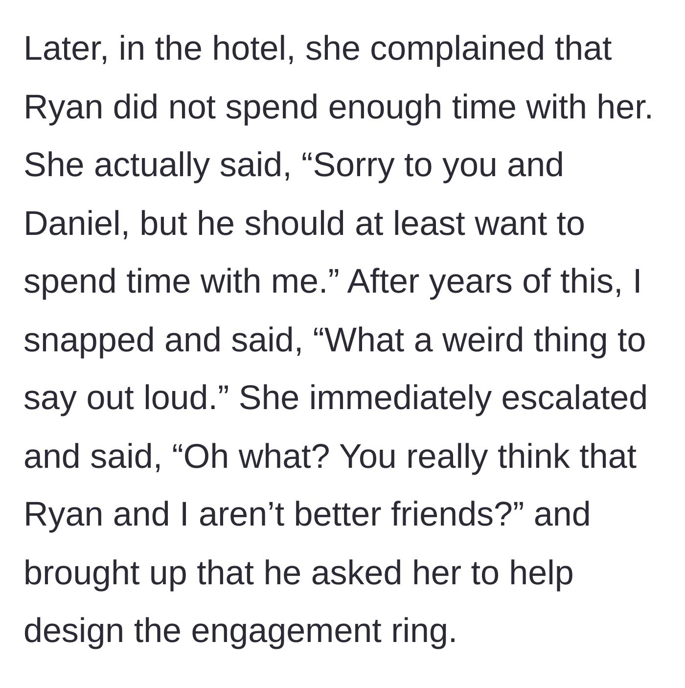 Story part 3 - The hotel room confrontation where Becky demands Ryan's attention and the narrator finally calls her out.