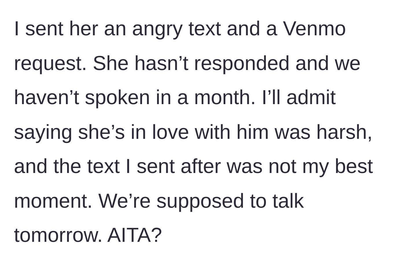 Story part 5 - The narrator sending a Venmo request for the flight and the impending one-month follow-up conversation.