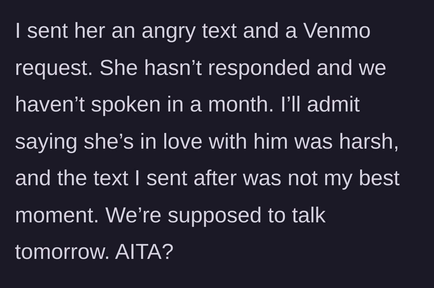 Story part 5 - The narrator sending a Venmo request for the flight and the impending one-month follow-up conversation.