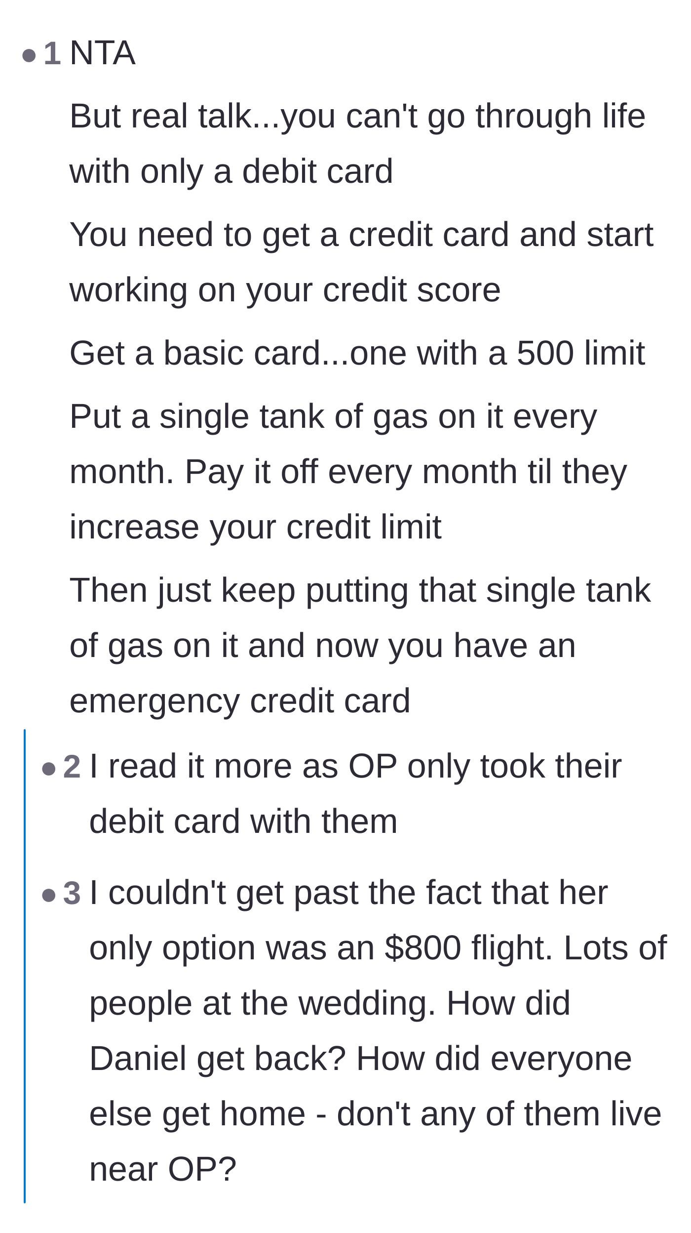 Comment thread 2 - Questioning the logistics of traveling without a credit card and the lack of help from other wedding guests.