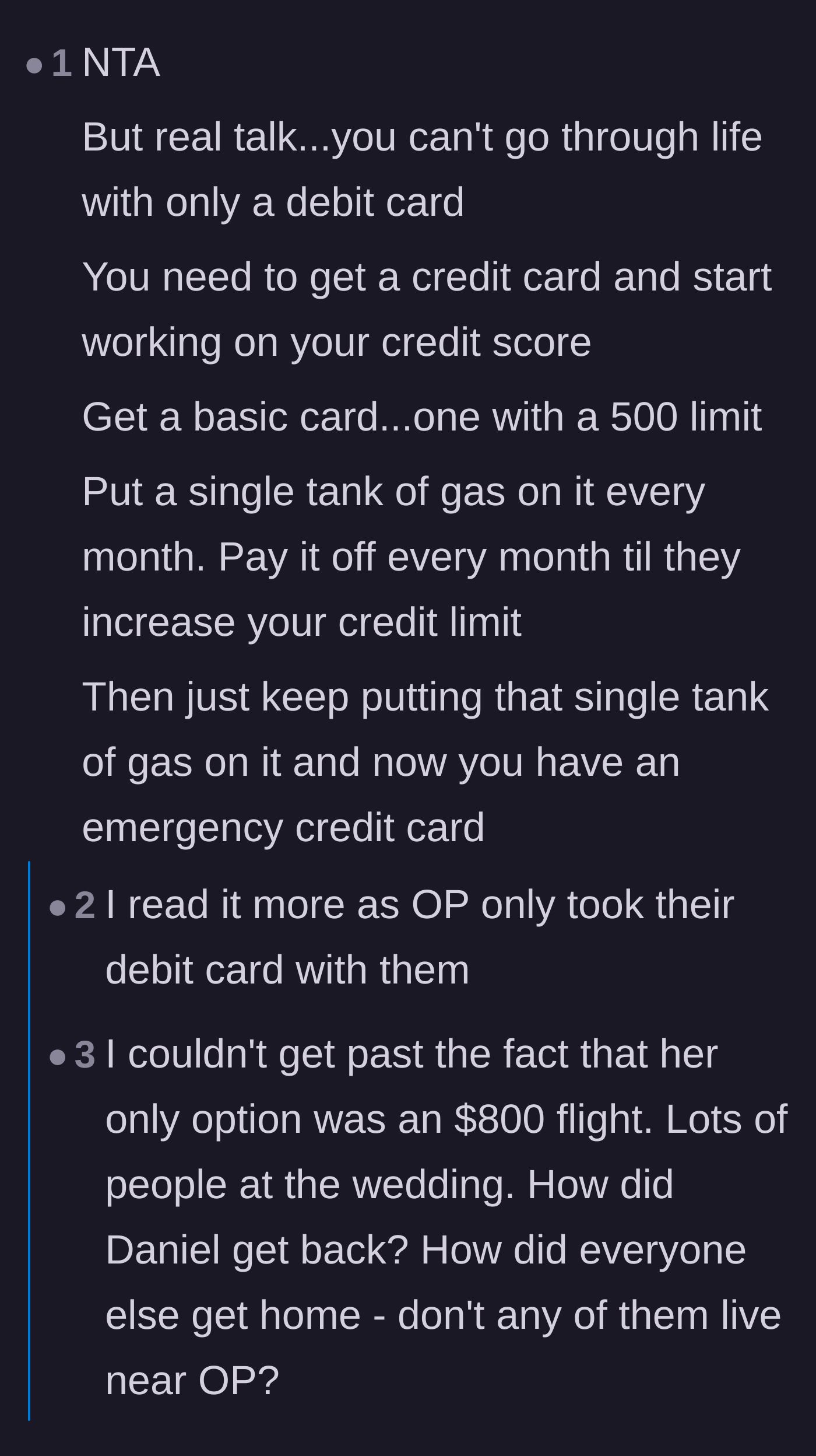 Comment thread 2 - Questioning the logistics of traveling without a credit card and the lack of help from other wedding guests.