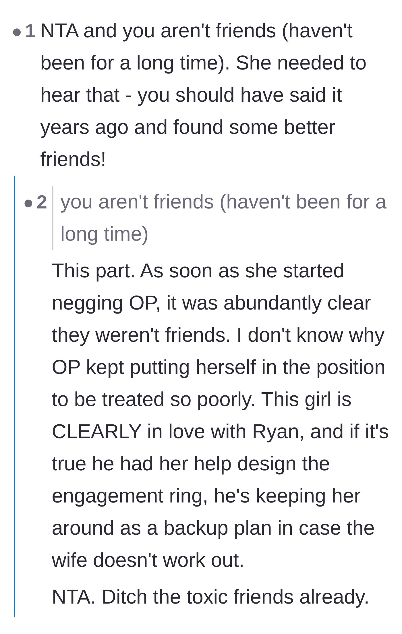 Comment thread 5 - Pointing out the friendship ended years ago and speculating on the groom's role in the dynamic.