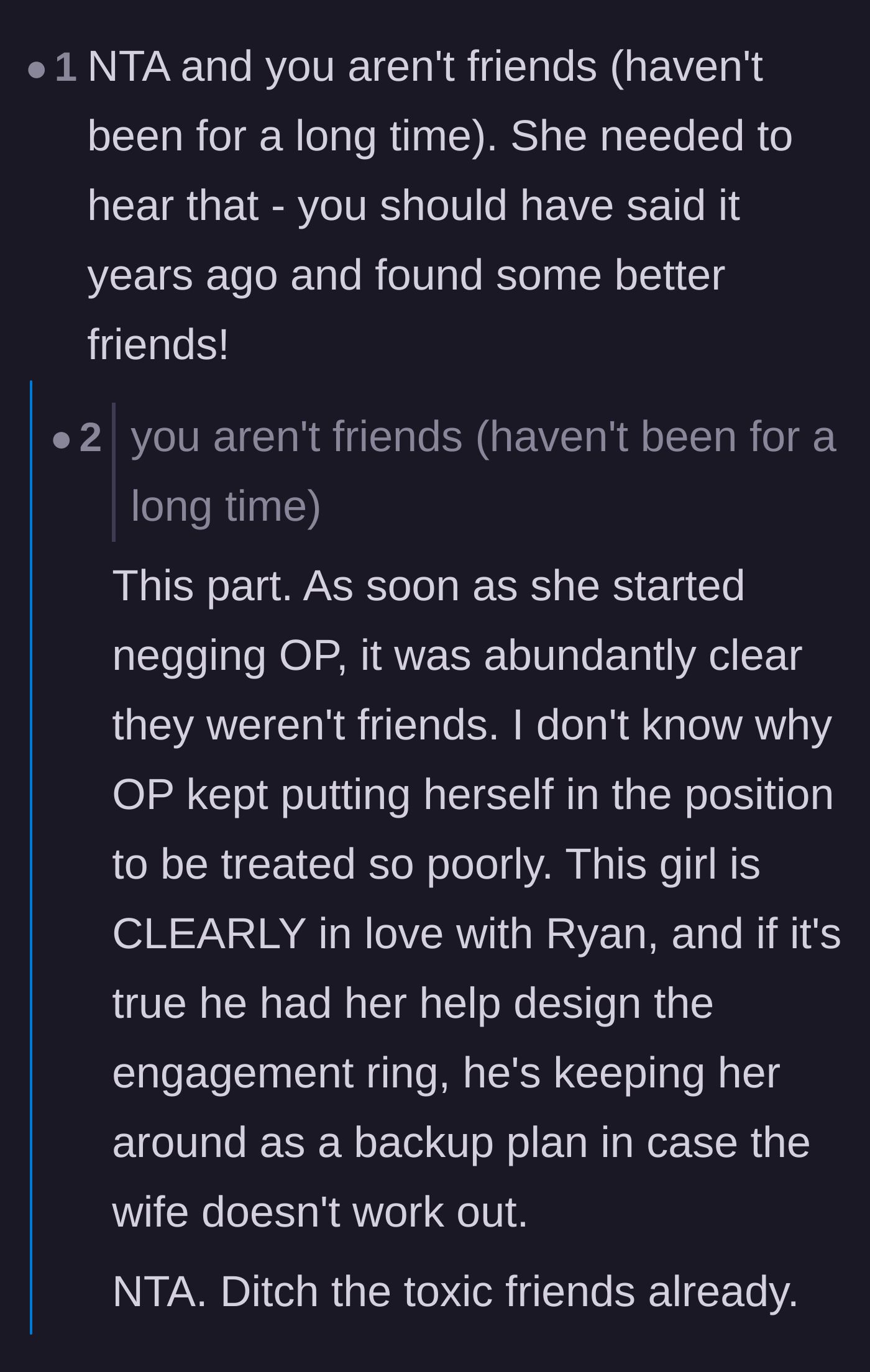 Comment thread 5 - Pointing out the friendship ended years ago and speculating on the groom's role in the dynamic.